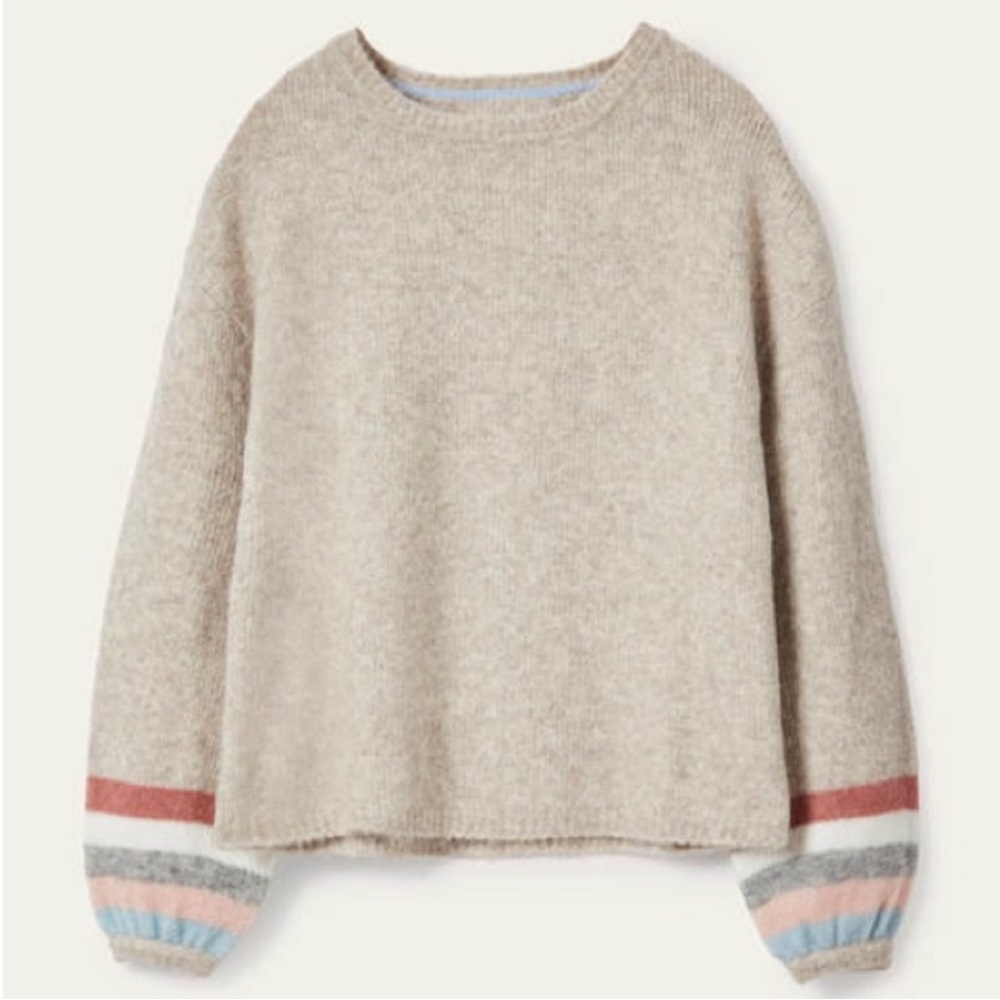 Boden Light Gray Crewneck Sweater with Pink & Blue Cuff Stripes - Picture 6 of 9